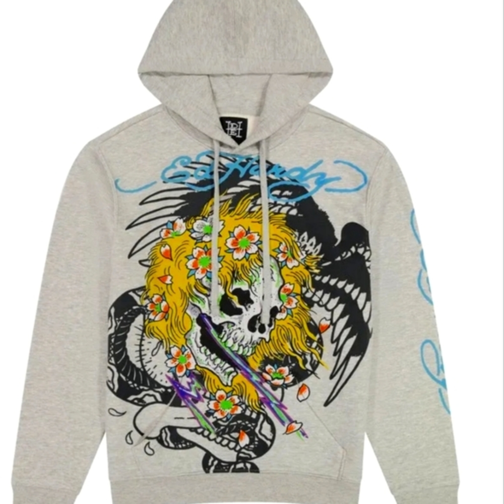 Ed Hardy Hoodie Yellow Hair Skull Heather Grey Pullover - Size L - NWT $ 98.00
